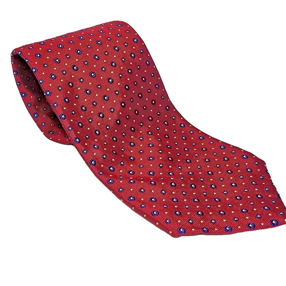 Lauren Ralph Lauren Hand Finished 100% Silk Tie Made In USA Red Blue & Gold Dots